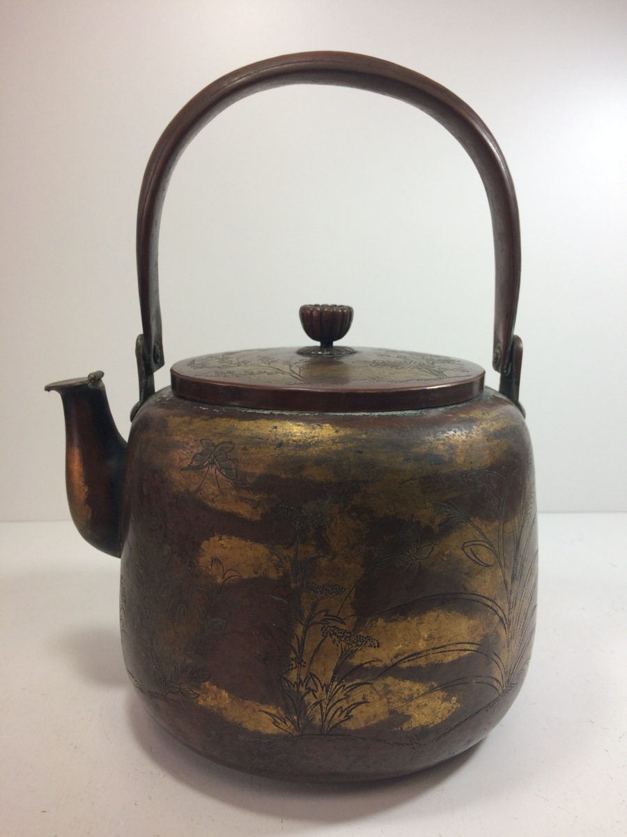 アンティ―ク 薬缶 水差 湯沸し 花蝶図 茶道具 縦約27㎝×幅約21㎝ 重さ約838g 年代物 やかん◇