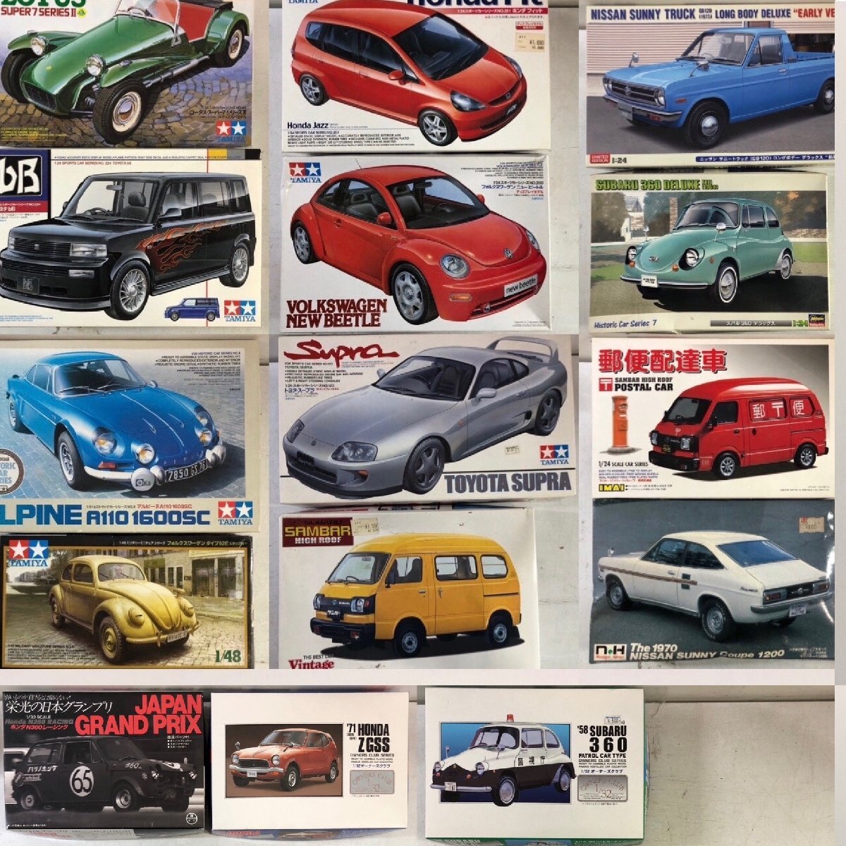 未組立プラモデル まとめて/TAMIYA「ホンダFIT」「ロータスSUPER7」Hasegawa「サニーTRUCK」AOSHIMA「スバルSAMBAR」他